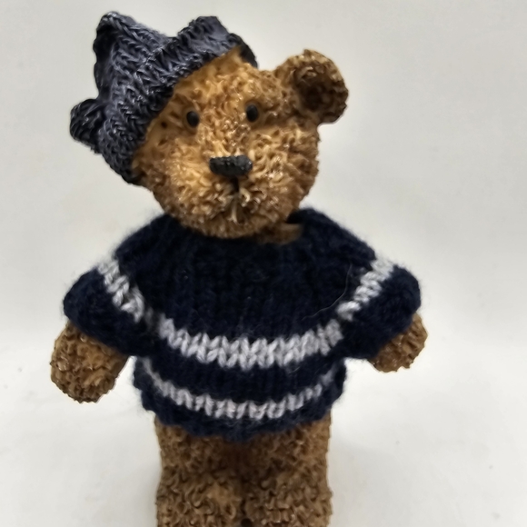 K's Collection Teddy Bear Figurine 5" Wearing Knitted Blue White Sweater - Picture 1 of 4